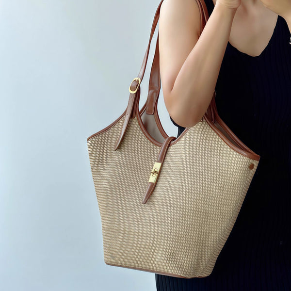 Womens Straw Woven Tote Bag with Twist Lock and Compartments Beach Shoulder Handbag with PU Leather Trim