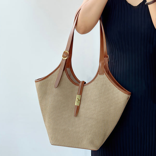Womens Straw Woven Tote Bag with Twist Lock and Compartments Beach Shoulder Handbag with PU Leather Trim Brown