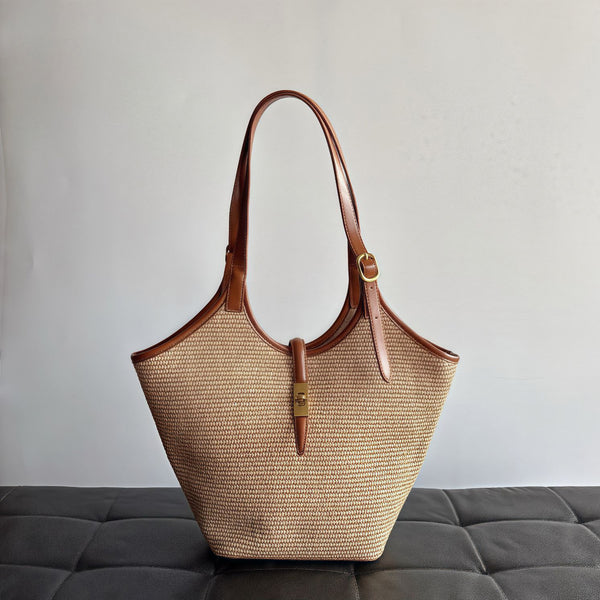 Womens Straw Woven Tote Bag with Twist Lock and Compartments Beach Shoulder Handbag with PU Leather Trim Casual