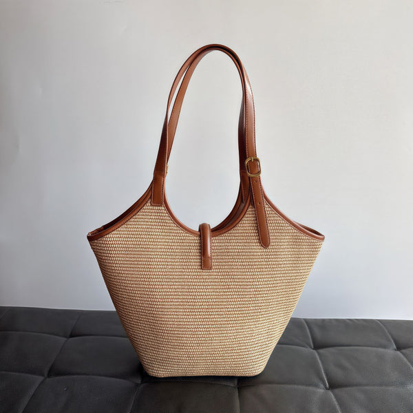 Womens Straw Woven Tote Bag with Twist Lock and Compartments Beach Shoulder Handbag with PU Leather Trim Chic
