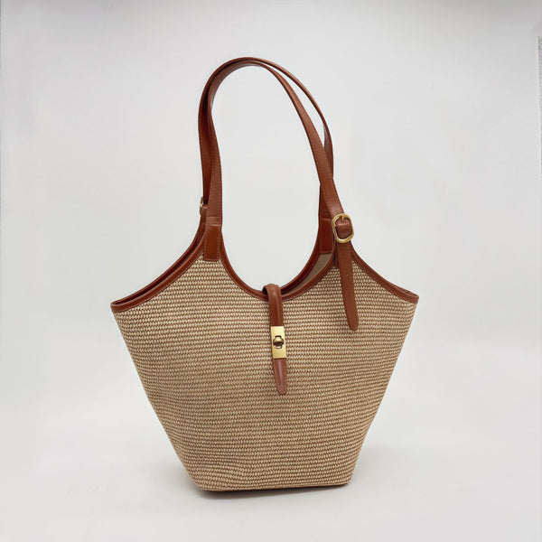 Womens Straw Woven Tote Bag with Twist Lock and Compartments Beach Shoulder Handbag with PU Leather Trim Classy