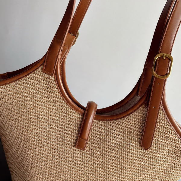 Womens Straw Woven Tote Bag with Twist Lock and Compartments Beach Shoulder Handbag with PU Leather Trim Details