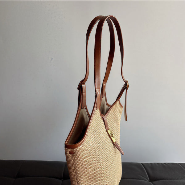 Womens Straw Woven Tote Bag with Twist Lock and Compartments Beach Shoulder Handbag with PU Leather Trim Durable