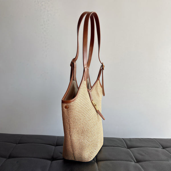 Womens Straw Woven Tote Bag with Twist Lock and Compartments Beach Shoulder Handbag with PU Leather Trim Fashion
