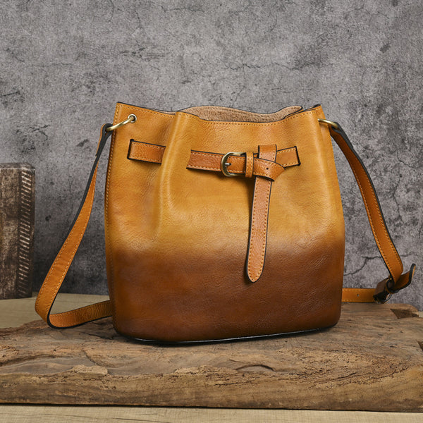 Womens Vegetable Tanned Leather Bucket Bag, Hand-Dyed Genuine Leather Shoulder Bag Badass