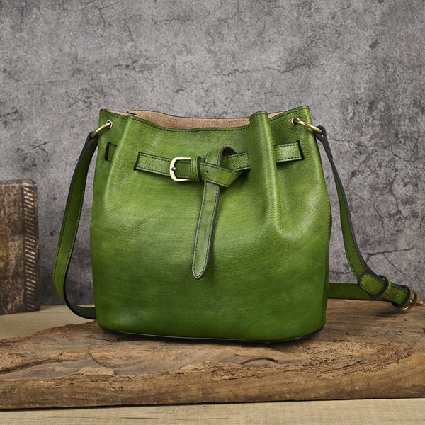 Womens Vegetable Tanned Leather Bucket Bag, Hand-Dyed Genuine Leather Shoulder Bag Beautiful