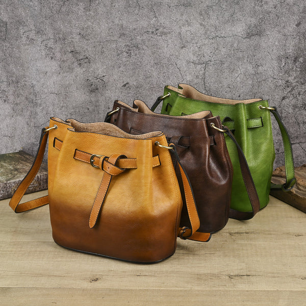 Womens Vegetable Tanned Leather Bucket Bag, Hand-Dyed Genuine Leather Shoulder Bag Capacity