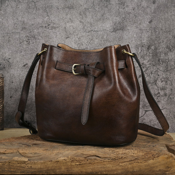 Womens Vegetable Tanned Leather Bucket Bag, Hand-Dyed Genuine Leather Shoulder Bag Casual