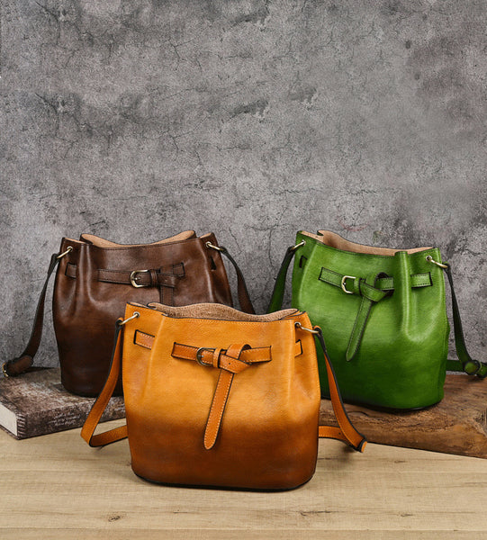Vintage Vegetable Tanned Leather Bucket Bag Women’s Genuine Leather Shoulder Bag