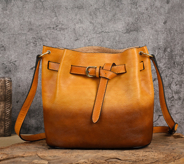 Womens Vegetable Tanned Leather Bucket Bag Hand-Dyed Genuine Leather Shoulder Bag