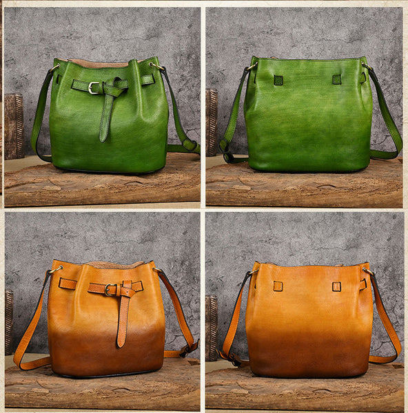 Handcrafted Veg-Tanned Leather Bucket Bag for Women Vintage Shoulder Bag