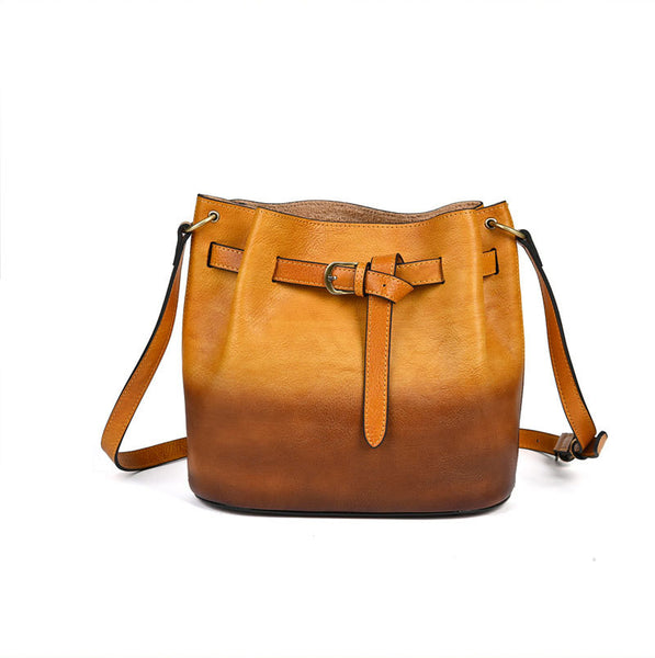 Womens Vegetable Tanned Leather Bucket Bag, Hand-Dyed Genuine Leather Shoulder Bag Cowhide