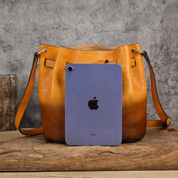 Womens Vegetable Tanned Leather Bucket Bag, Hand-Dyed Genuine Leather Shoulder Bag Cute