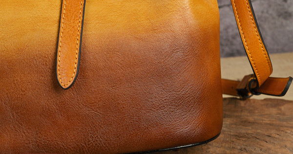 Womens Vegetable Tanned Leather Bucket Bag, Hand-Dyed Genuine Leather Shoulder Bag Details