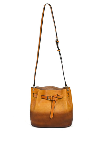 Womens Vegetable Tanned Leather Bucket Bag, Hand-Dyed Genuine Leather Shoulder Bag Durable