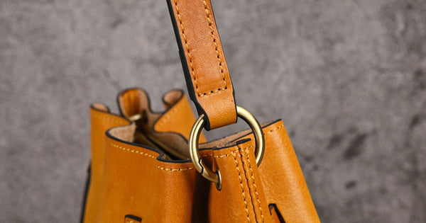 Womens Vegetable Tanned Leather Bucket Bag, Hand-Dyed Genuine Leather Shoulder Bag Fashion