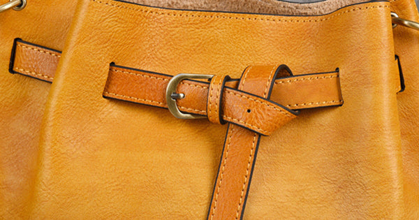 Womens Vegetable Tanned Leather Bucket Bag, Hand-Dyed Genuine Leather Shoulder Bag Front