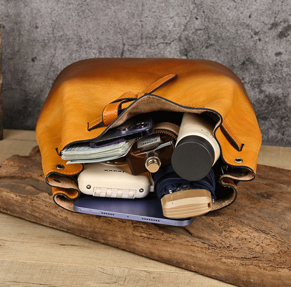 Womens Vegetable Tanned Leather Bucket Bag, Hand-Dyed Genuine Leather Shoulder Bag Gift-idea