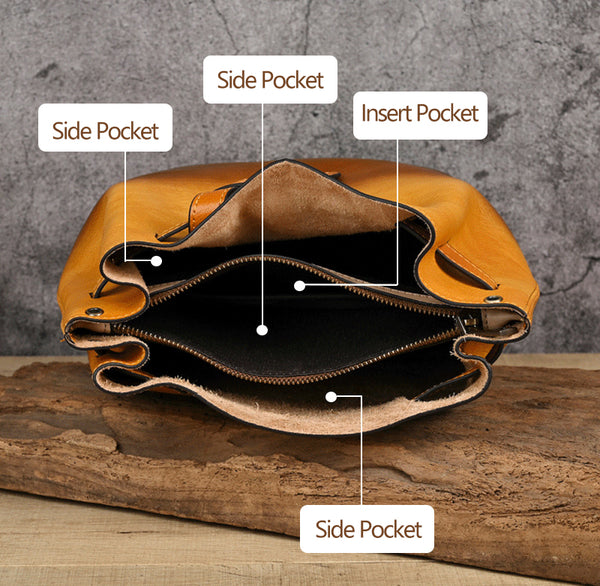 Womens Vegetable Tanned Leather Bucket Bag, Hand-Dyed Genuine Leather Shoulder Bag Handmade