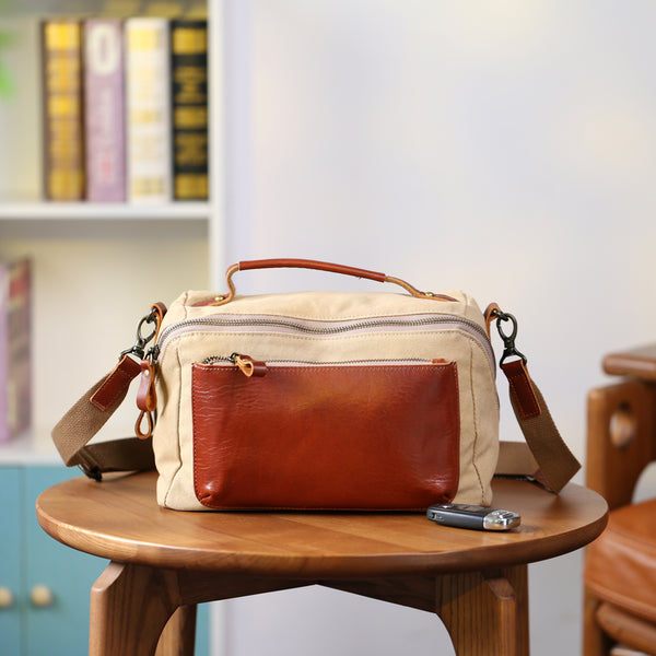 Womens Vintage Canvas Leather Crossbody Bag Small Box Handbag Elegant