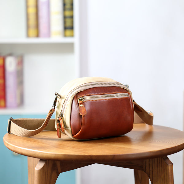 Womens Vintage Canvas and Leather Mini Crossbody Bag Shoulder Bag Brown