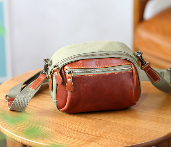 Womens Casual Mini Canvas Crossbody Bag with Leather Trim