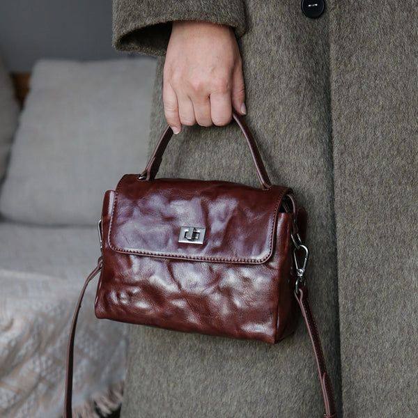 Womens Vintage Genuine Leather Ruched Box Bag Top Handle Crossbody Purse Affordable