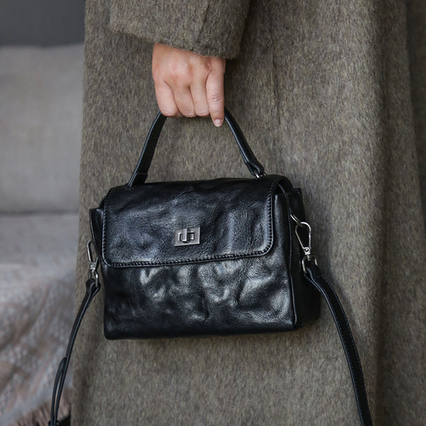 Womens Vintage Genuine Leather Ruched Box Bag Top Handle Crossbody Purse Badass