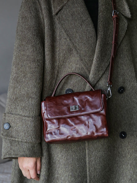 Womens Vintage Genuine Leather Ruched Box Bag Top Handle Crossbody Purse Beautiful