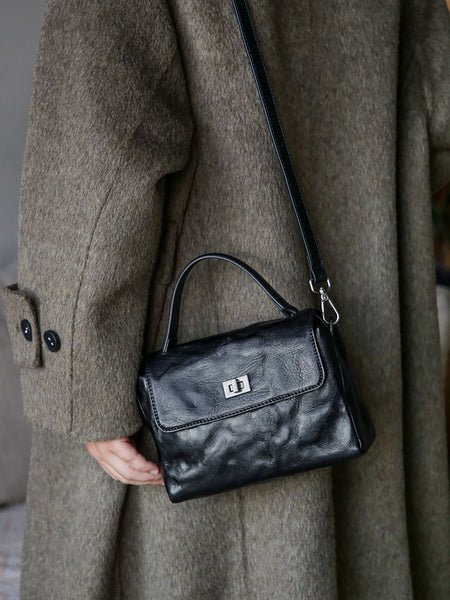 Womens Vintage Genuine Leather Ruched Box Bag Top Handle Crossbody Purse Black