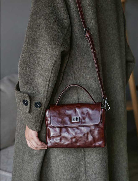 Womens Vintage Genuine Leather Ruched Box Bag Top Handle Crossbody Purse Casual