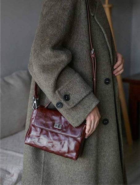 Womens Vintage Genuine Leather Ruched Box Bag Top Handle Crossbody Purse Chic