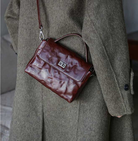 Womens Vintage Genuine Leather Ruched Box Bag Top Handle Crossbody Purse