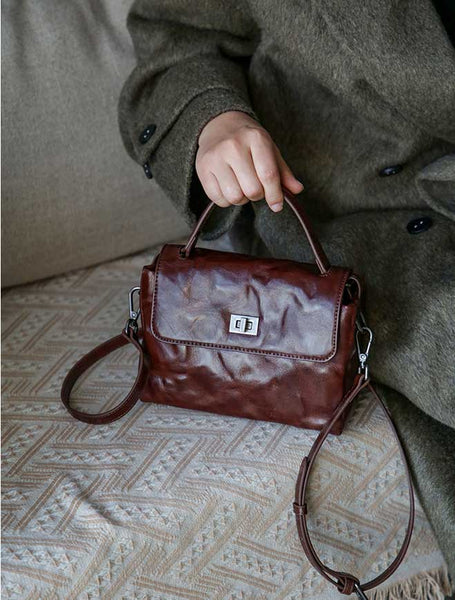 Womens Vintage Genuine Leather Ruched Box Bag Top Handle Crossbody Purse Classy
