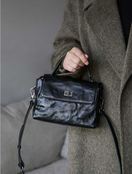 Womens Vintage Genuine Leather Ruched Box Bag Top Handle Crossbody Purse Cool