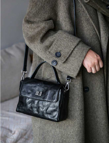 Womens Vintage Genuine Leather Ruched Box Bag Top Handle Crossbody Purse Cowhide