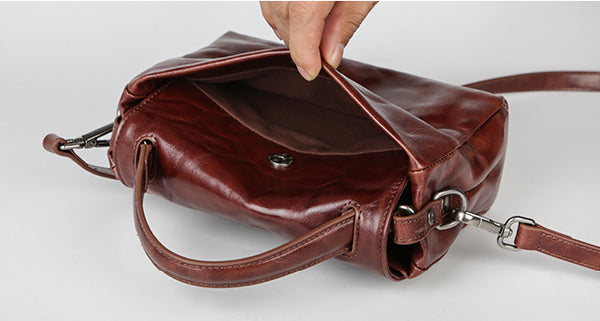 Womens Vintage Genuine Leather Ruched Box Bag Top Handle Crossbody Purse Inside