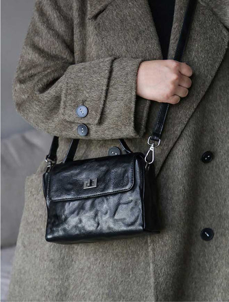 Womens Vintage Genuine Leather Ruched Box Bag Top Handle Crossbody Purse Original