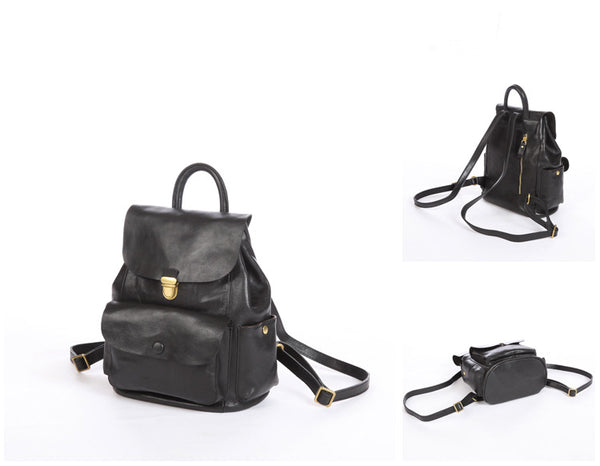 Womens Vintage Leather Backpack Bag Small Rucksack Bag For Women Black