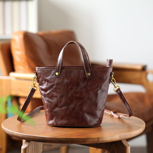 Womens Vintage Leather Bucket Bag Full-Grain Vegetable Tanned Handbag Crossbody Purse Affordable