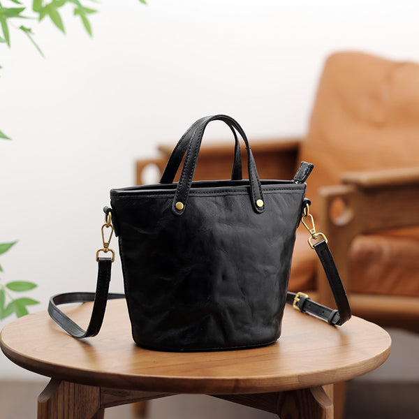 Womens Vintage Leather Bucket Bag Full-Grain Vegetable Tanned Handbag Crossbody Purse Badass