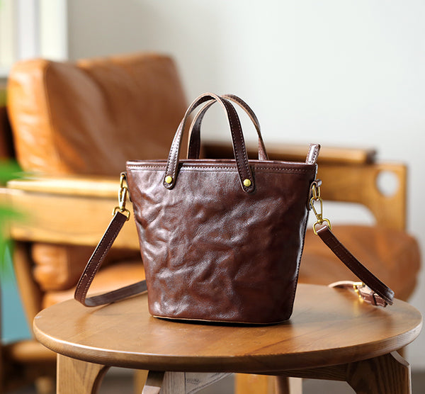 Womens Vintage Leather Bucket Bag Full-Grain Vegetable Tanned Handbag Crossbody Purse Beautiful