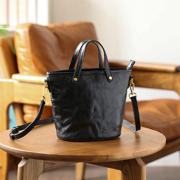 Womens Vintage Leather Bucket Bag Full-Grain Vegetable Tanned Handbag Crossbody Purse