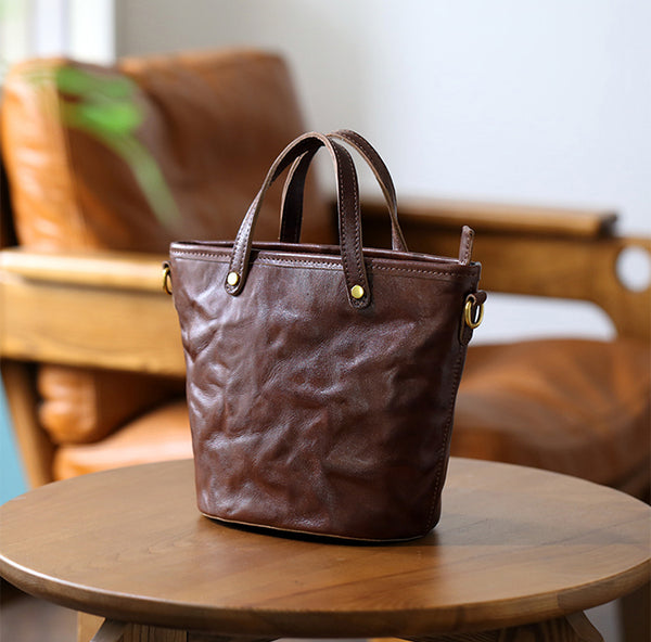 Vintage Womens Hand-Gathered Full Grain Leather Small Bucket Bag for Women