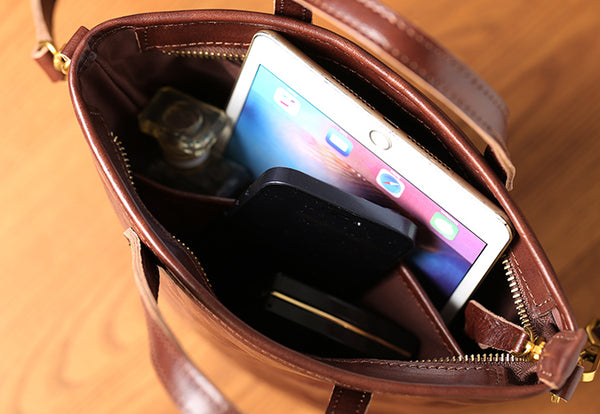 Womens Vintage Leather Bucket Bag Full-Grain Vegetable Tanned Handbag Crossbody Purse Capacity