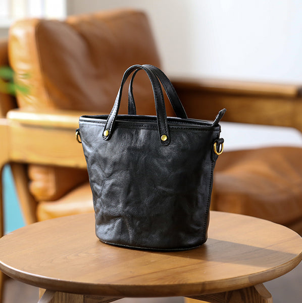 Womens Vintage Leather Bucket Bag Full-Grain Vegetable Tanned Handbag Crossbody Purse Casual
