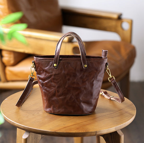 Womens Vintage Leather Bucket Bag Full-Grain Vegetable Tanned Handbag Crossbody Purse Chic