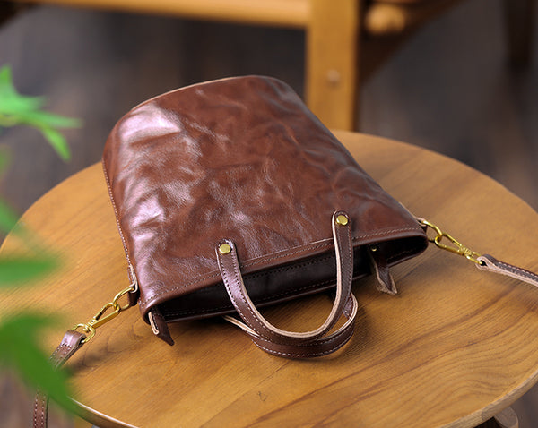 Womens Vintage Leather Bucket Bag Full-Grain Vegetable Tanned Handbag Crossbody Purse Classic