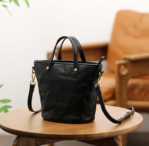 Womens Vintage Leather Bucket Bag Full-Grain Vegetable Tanned Handbag Crossbody Purse Classy