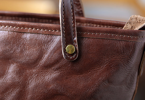 Womens Vintage Leather Bucket Bag Full-Grain Vegetable Tanned Handbag Crossbody Purse Cowhide